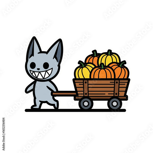 Cartoon Bat Pulling a Wagon of Pumpkins - Halloween Illustration