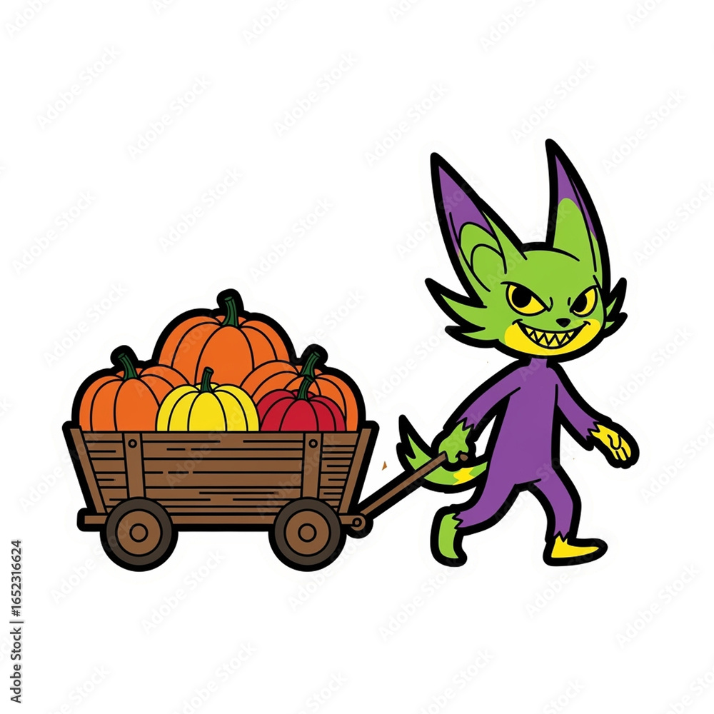 Fototapeta premium Cartoon Fox Character Pulling Wagon with Pumpkins - Isolated Illustration