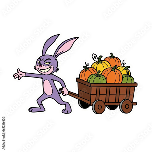 Cartoon Rabbit Pulling Wagon Full of Pumpkins
