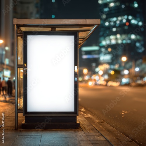 Eye-catching photo of blank white vertical digital billboard poster on city street bus stop sign at night, blurred urban background with skyscraper, people, mockup for.