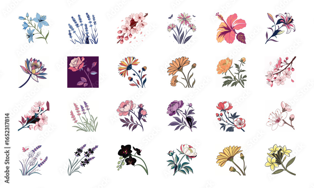 Fototapeta premium Set of 24 Beautiful Colorful Floral Illustrations Featuring Lavender, Lotus, Roses, Daisies, Gerbera, Hibiscus, Lilies, Peonies, Orchids, Cherry Blossoms, and Plumeria Flowers in Elegant Botanical Ar