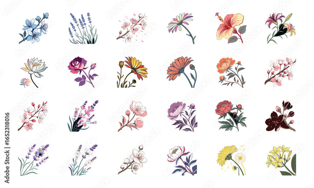 Fototapeta premium Set of 24 Beautiful Colorful Floral Illustrations Featuring Lavender, Lotus, Roses, Daisies, Gerbera, Hibiscus, Lilies, Peonies, Orchids, Cherry Blossoms, and Plumeria Flowers in Elegant Botanical Ar