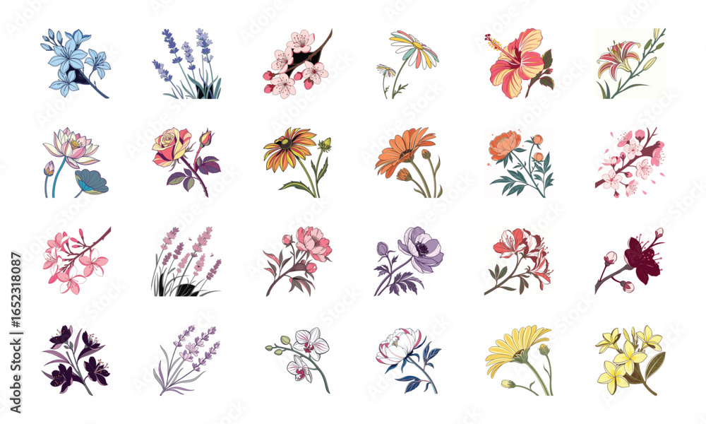 Fototapeta premium Set of 24 Beautiful Colorful Floral Illustrations Featuring Lavender, Lotus, Roses, Daisies, Gerbera, Hibiscus, Lilies, Peonies, Orchids, Cherry Blossoms, and Plumeria Flowers in Elegant Botanical Ar