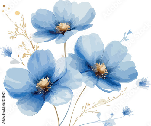 Delicate watercolor painting of three soft blue anemone flowers with delicate stems and leaves