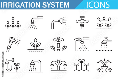 Gardening and Agriculture Icons: Irrigation Systems, Sprinklers, and Pipes
