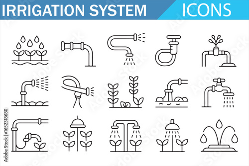 Set of Irrigation Icons: Pipes, Sprinklers, and Flow Mechanisms