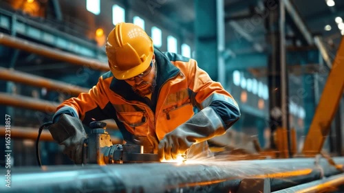 The shows a worker operating industrial machinery, specifically welding a metal pipe in a factory setting. The focus is on the worker's hands holding tools to make precise cuts and connections.