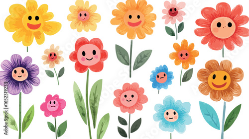 Collection of cheerful cartoon flowers with happy faces and vibrant colors on a white background