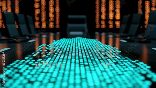 Digital Conference Room with 3D Data Visualization and Futuristic Light Patterns