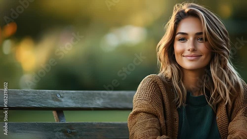 Beautiful Young Woman Sitting on a Bench in a Cozy Sweater Smiling in Natural Light Environment