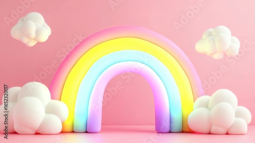A rainbow is drawn on a pink background. The rainbow is made of different colors and is curved