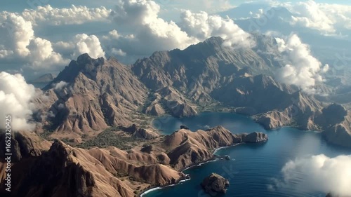 Breathtaking Aerial View of Mountain Range with Vibrant Blue Ocean and Dramatic Cloud Formation