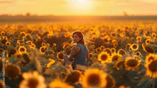 Young Woman Meditating in a Beautiful Sunflower Field at Sunset Surrounded by Nature's Beauty