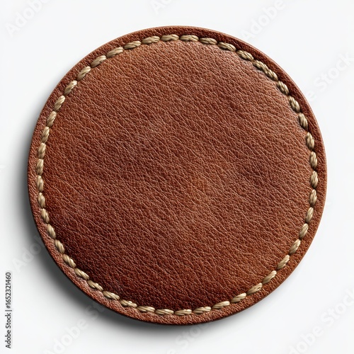 Eye-catching photo of high-quality realistic patch mockup featuring natural grain and stitching on a circular leather patch on white background.