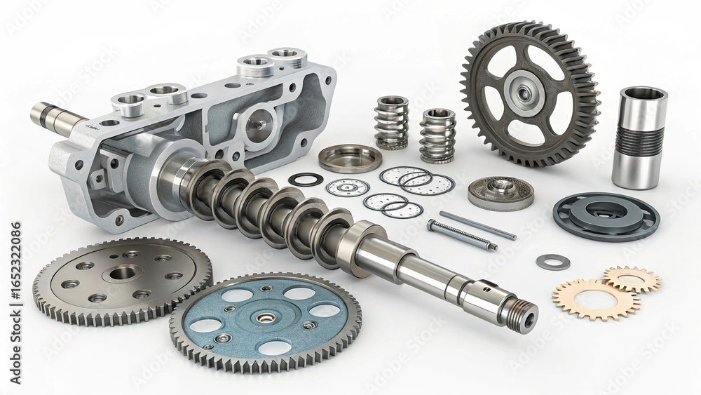 Naklejka premium A photo of a variety of machine parts. The parts are gears, bearings, and a main shaft with a worm gear on it.