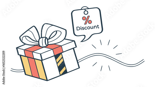 A gift box with a ribbon and a discount tag indicating a percentage off in a simple cartoon illustration