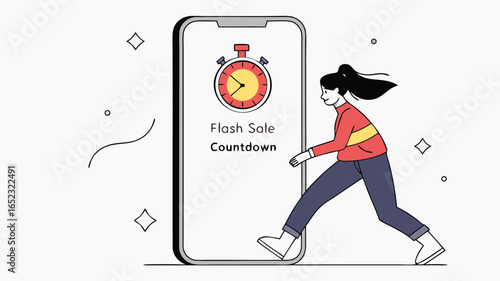 A woman walking past a phone displaying a flash sale countdown with a clock on a white background scene