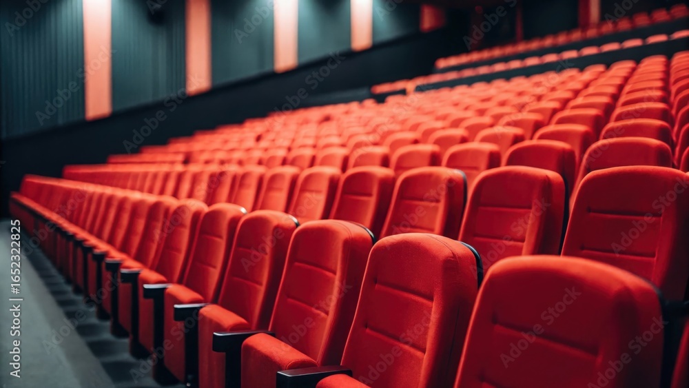 Empty small movie theater with red seats — quiet cinema hall waiting for audience Empty small movie theater with red seats — quiet cinema hall waiting for audience