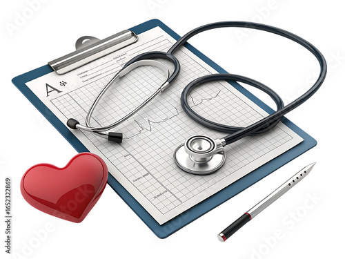 A clipboard with medical chart stethoscope pen and red heart on a black background health concept image created with generated ai