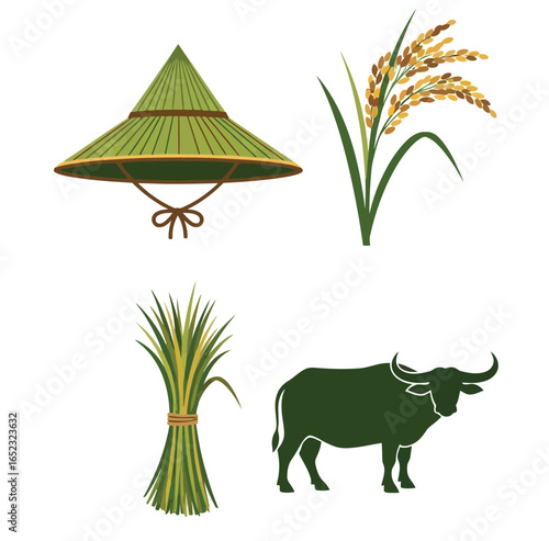 Asian farmer's tools and harvest: conical hat, rice stalks, and water buffalo.