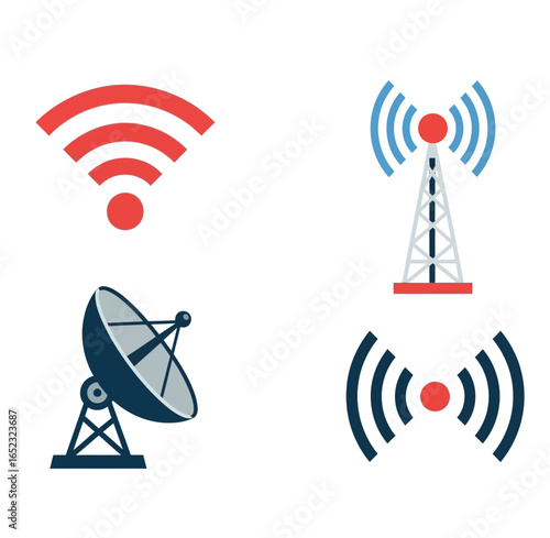Wireless communication technology icons: Wi-Fi, antenna tower, satellite dish, and signal waves.