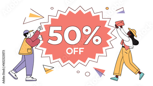 Cartoon illustration of a sale promotion with two people and a fifty percent off sign on a white background