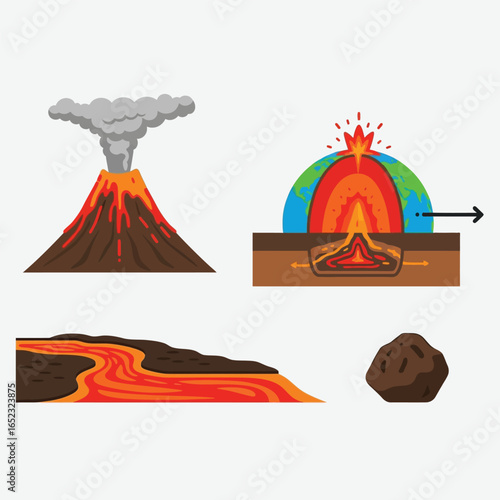 Volcanic eruption illustration showing magma flow, cross-section of Earth's interior, and volcanic rock.