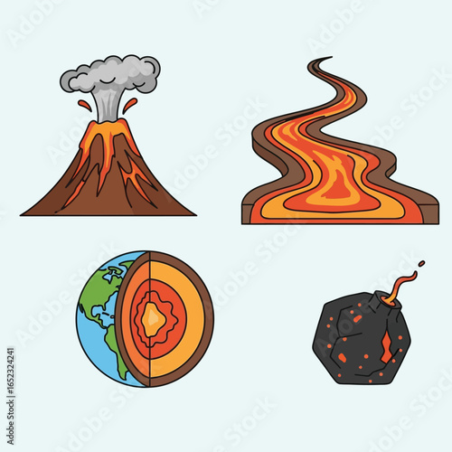 Cartoon illustration showing a volcano erupting, lava flow, earth's layers, and a volcanic bomb.