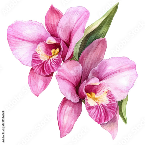 Closeup watercolor painting of pink orchids isolated on transparent background