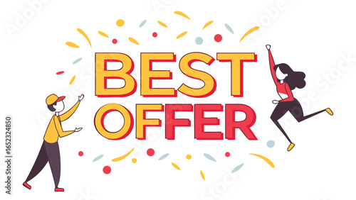 Illustration of best offer text with man in cap and woman jumping with confetti on a white background