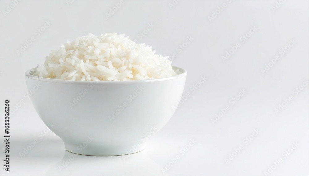 Close-up of boiled rice in white bowl on white floor. Close-up of boiled rice in white bowl on white floor.