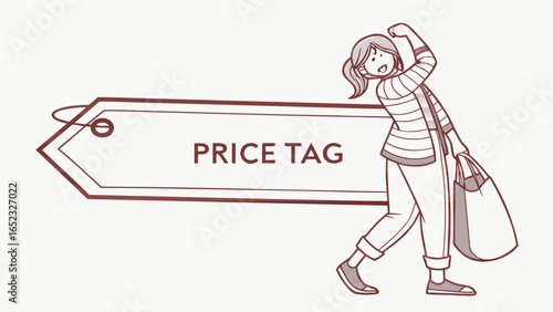 Illustration of a woman with a shopping bag next to a price tag with the words price tag on it