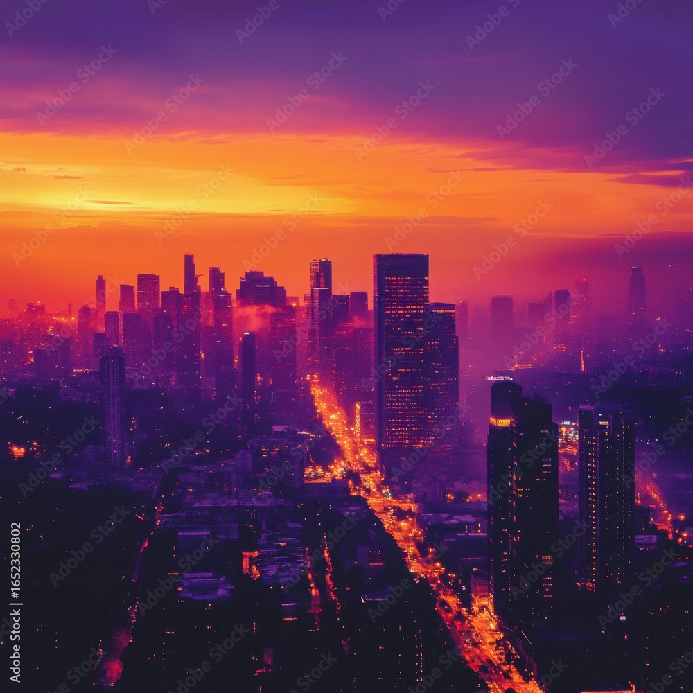 Fototapeta premium Bold Colors Are at the Forefront of a Creative Image Concept. Vibrant Sunset Over City Skyline with Glowing Lights and Dramatic Cloud Patterns
