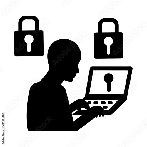 Person using laptop with security locks silhouette