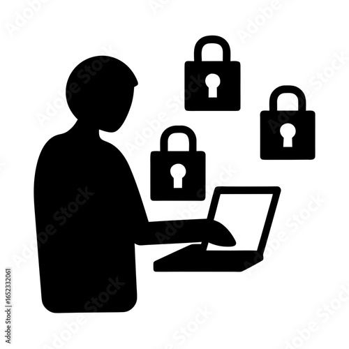 Person working on laptop with security locks silhouette