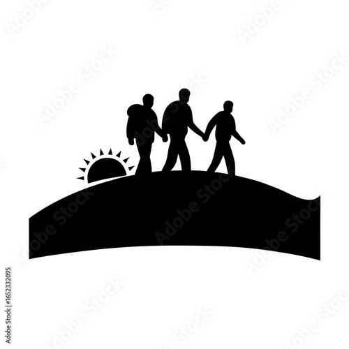 Three hikers walking on a hill at sunrise silhouette