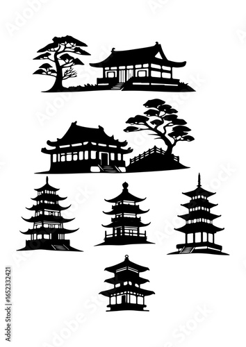 Traditional Japanese Architecture Silhouettes: Temples, Pagodas, and Trees