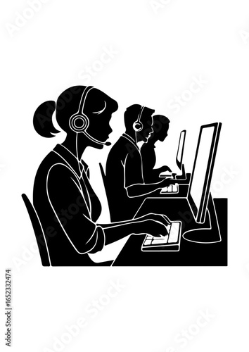 Silhouettes of Customer Service Representatives Wearing Headsets at Computers