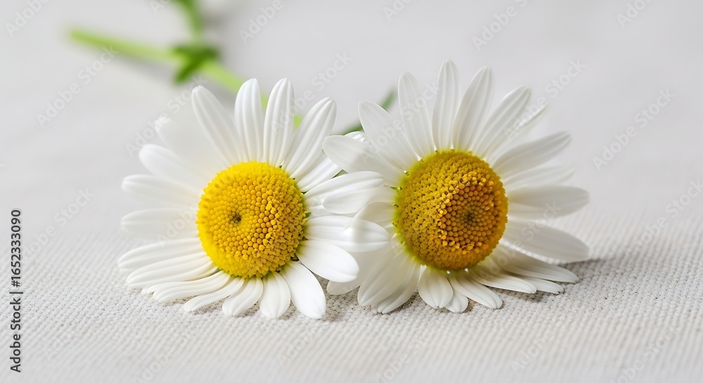 Fototapeta premium Two beautiful daisies resting on a white surface, close-up capturing their details