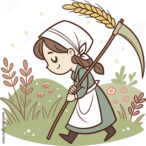 Cute Virgo Zodiac Girl with Scythe in Harvest Field Illustration