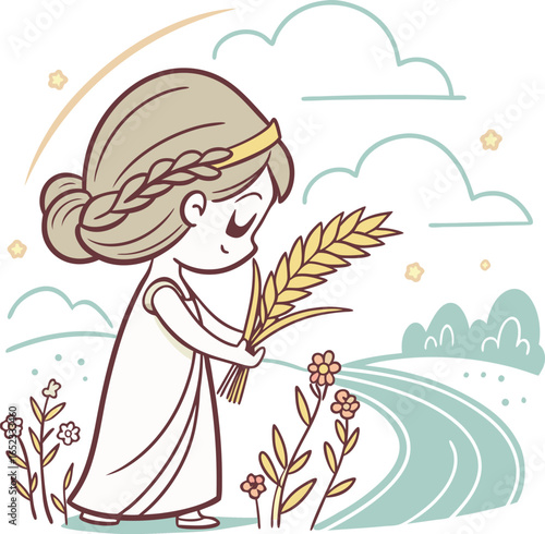 Cute Virgo Zodiac Maiden Holding Wheat in Astrology Illustration