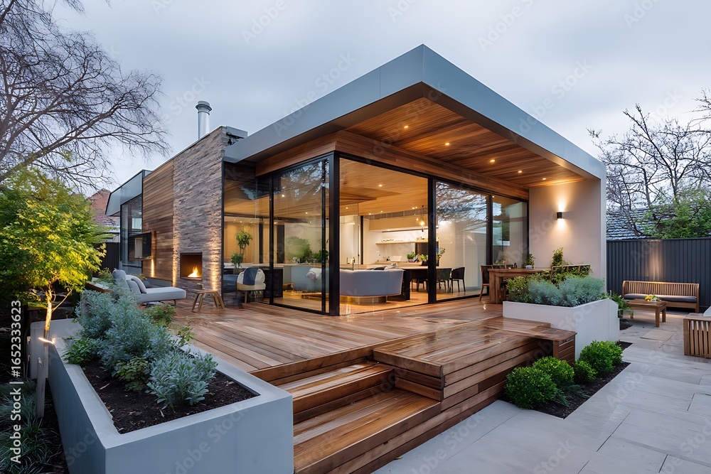 Fototapeta premium The renovation of a modern home extension in Melbourne, featuring a new deck, patio, and courtyard area designed for luxury and comfort.