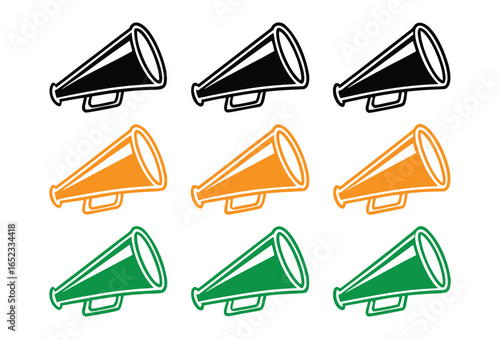 Collection of hand drawn megaphone silhouettes in black orange and green colors