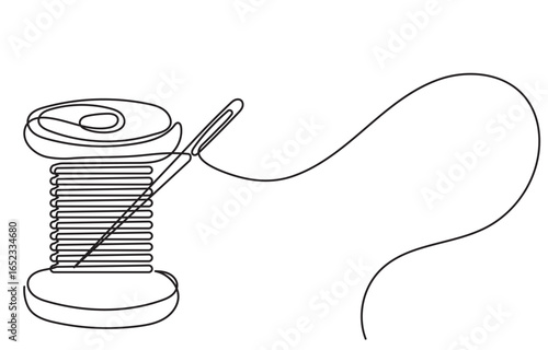 Continuous line drawing of a sewing needle threaded with yarn, resting against a spool of thread. Single Line Drawing of Thread Spool and Needle vector illustration.