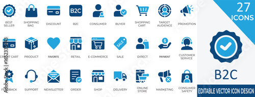 A modern collection of B2C-themed filled icons representing e-commerce, online shopping, and customer services. Perfect for retail, digital marketing, promotions, delivery, and consumer engagement 