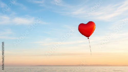 Fototapeta Naklejka Na Ścianę i Meble -  Heart shaped balloon floats gently against serene sunset sky, evoking feelings of love