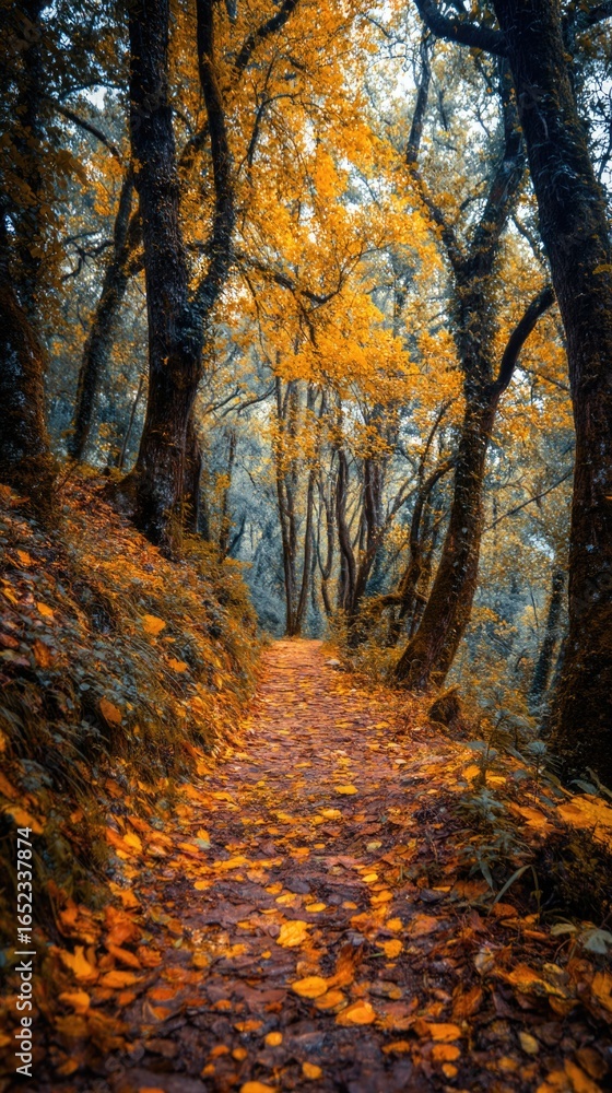 Fototapeta premium Colorful autumn pathway through a serene forest