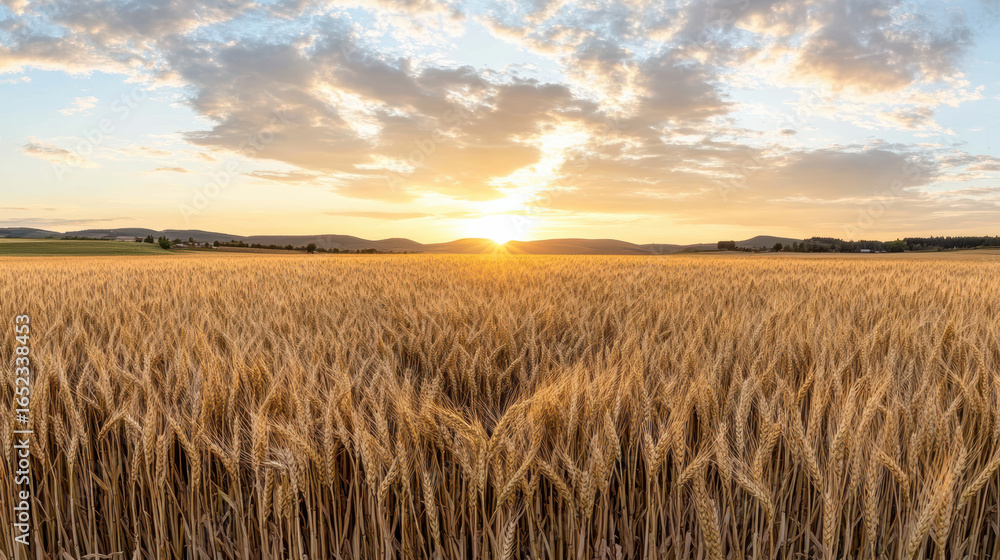Obraz premium Golden wheat field glowing at sunset, creating serene and picturesque landscape