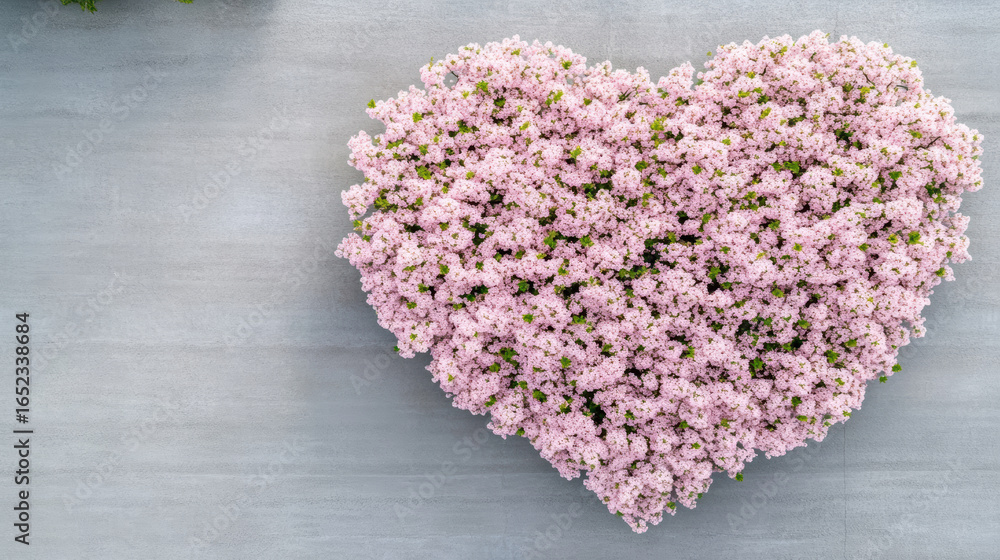 Obraz premium Heart shaped arrangement of pink flowers on gray surface creates romantic atmosphere