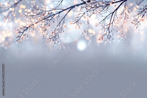 Silver glitter branch banner. Garland sparkles on the tree banner. Light winter morning background.